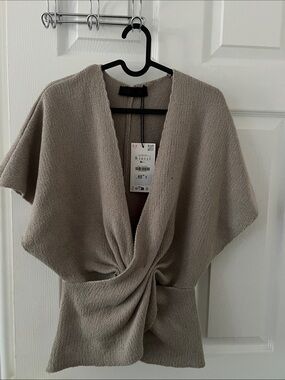 Zara Taupe Knot-Front Short-Sleeve Sweater